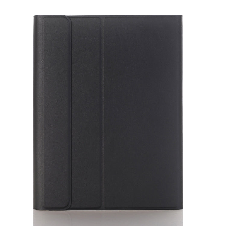 Black tablet leather-style folio case, side seam and hinged back cover visible