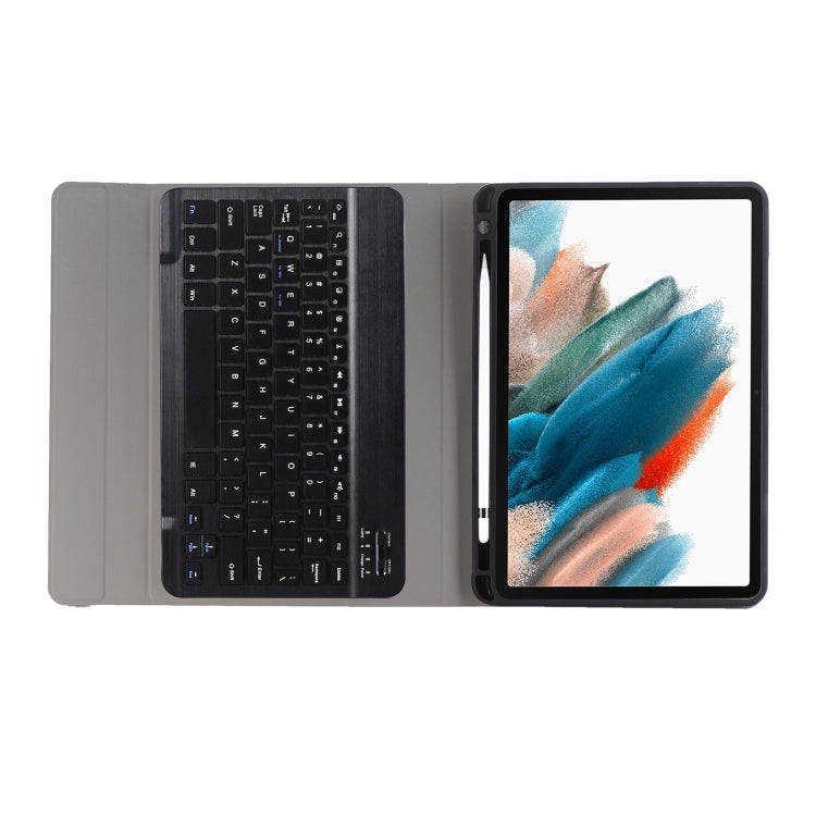Beige folio case with built-in keyboard and tablet screen frame open