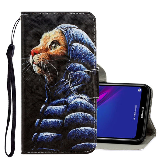 PU leather flip phone wallet case with blue cat illustration and wrist strap