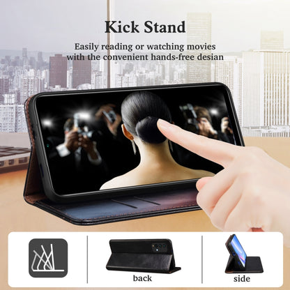 Black leather flip phone case with built-in stand for hands-free viewing and camera opening