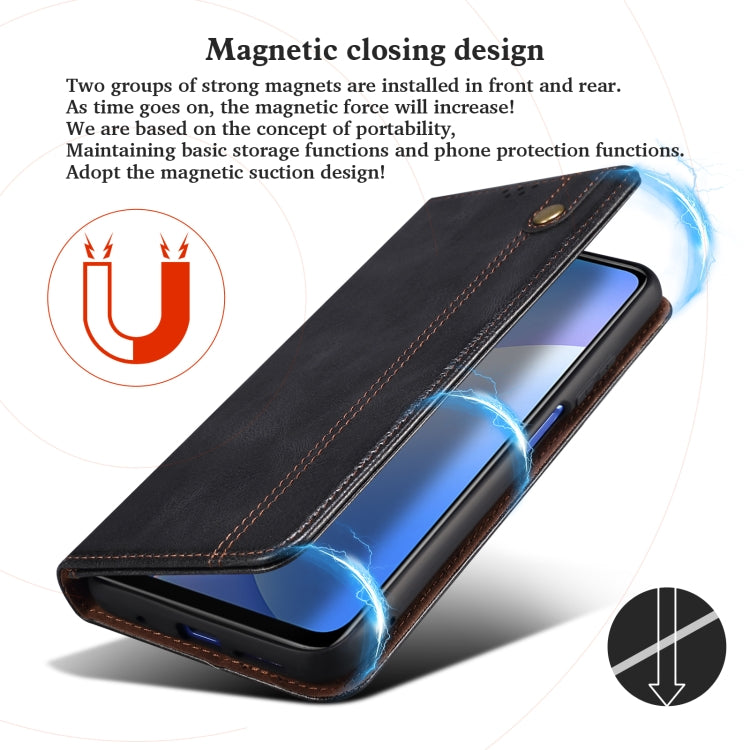 Dark leather folio phone case with flap closing and front stand position for viewing