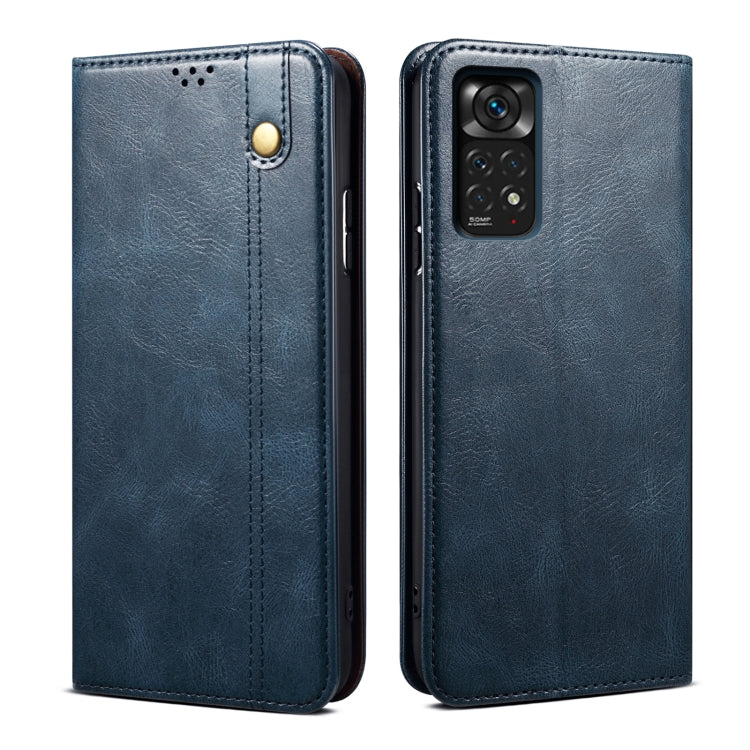 Blue leather phone case with textured grain, flip cover, stitched border, camera cutout