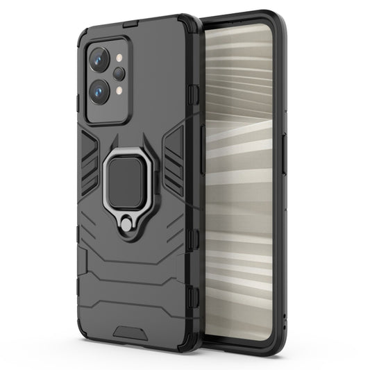 Shockproof black TPU phone case with ring holder and raised camera protection