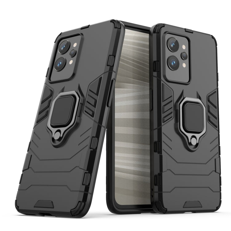 Shockproof black TPU phone case, front and back views with ring holder