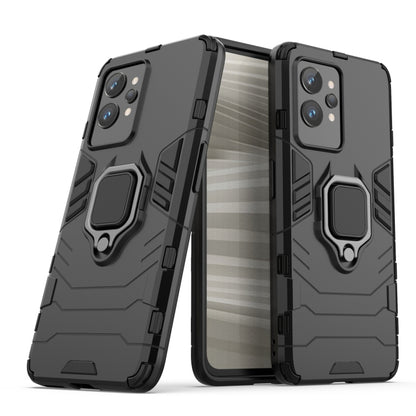 Shockproof black TPU phone case, front and back views with ring holder