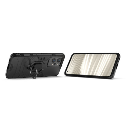 Shockproof black TPU phone case with ring holder stand, back and front view
