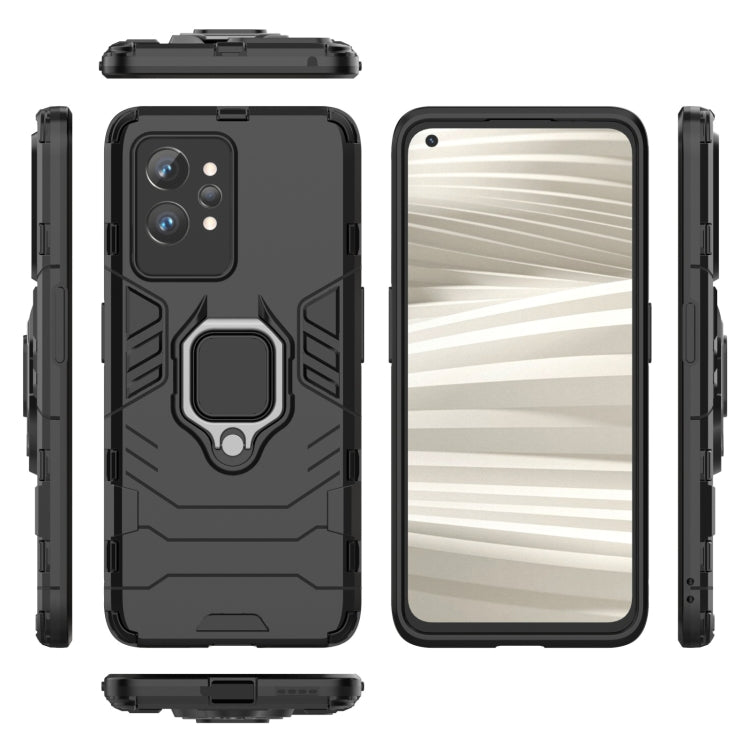 Shockproof black TPU phone case with ring holder and port cutouts, multi-view