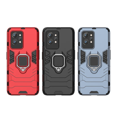 Shockproof phone cases in red, black, and light blue with ring holder detail