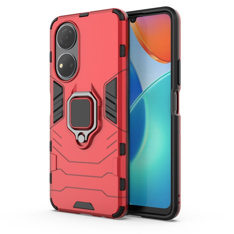 Shockproof red TPU phone case with ring holder and protective bumper, front and back