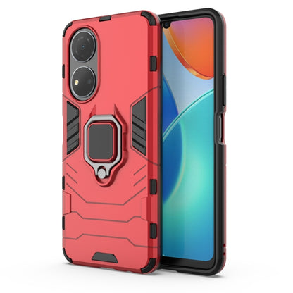 Shockproof red TPU phone case with ring holder and protective bumper, front and back