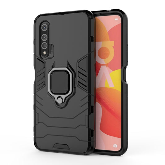 Black shockproof phone case with magnetic ring holder and rugged PC/TPU protection