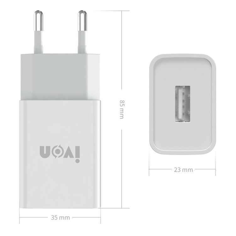 White USB wall charger with micro USB port; size dimensions shown
