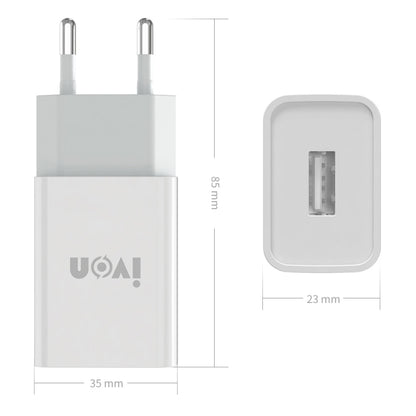 White USB wall charger with micro USB port; size dimensions shown