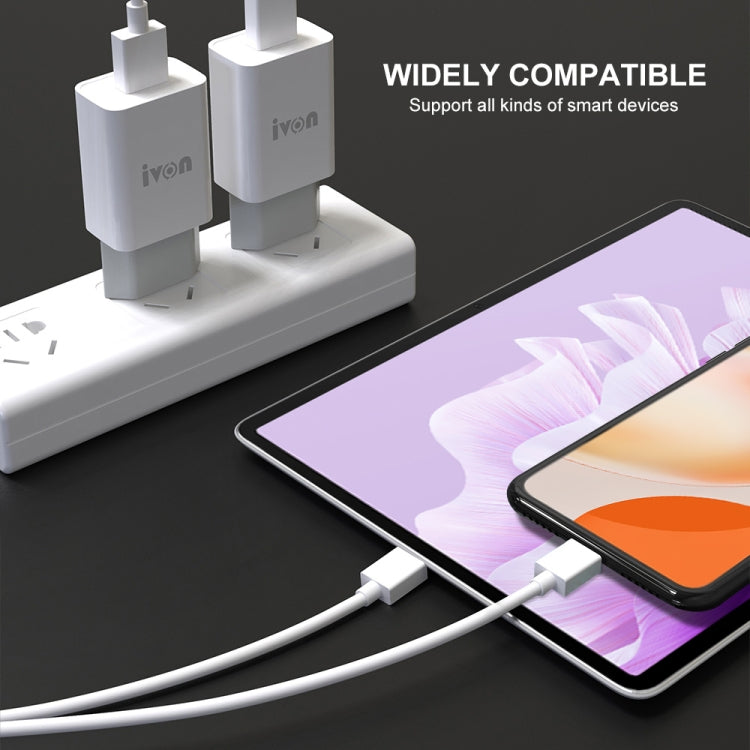 White USB charger with two-prong plug, USB cable, and connected smartphones