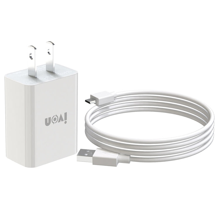 White USB travel charger with coiled 1m USB to micro USB cable set