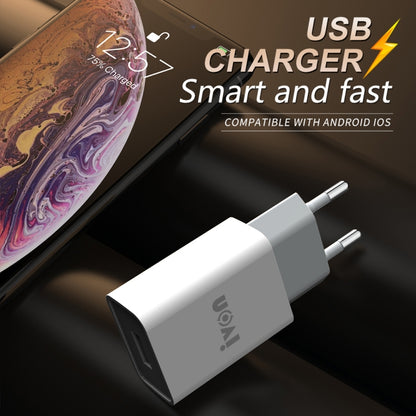 White USB travel charger with two-prong plug and rectangular body.