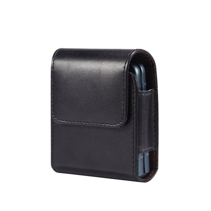 Black genuine leather waist phone case with side pocket and magnetic flap
