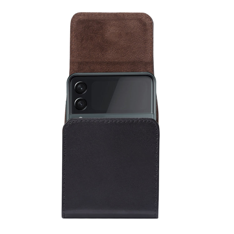 Brown genuine leather waist phone case with flap and open phone cutout