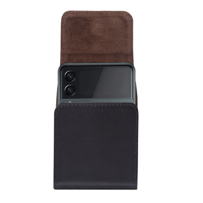 Brown genuine leather waist phone case with flap and open phone cutout