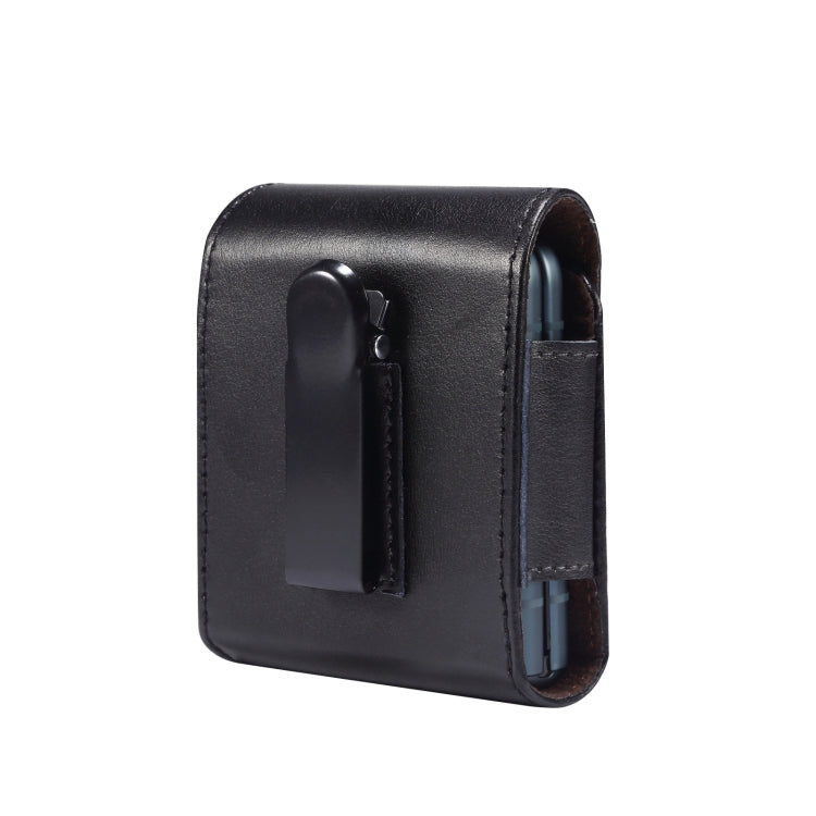 Black genuine leather waist phone case with internal strap and open side pocket