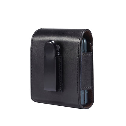Black genuine leather waist phone case with internal strap and open side pocket