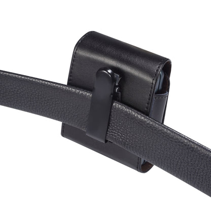 Black genuine leather waist phone case with belt clip and side pocket opening