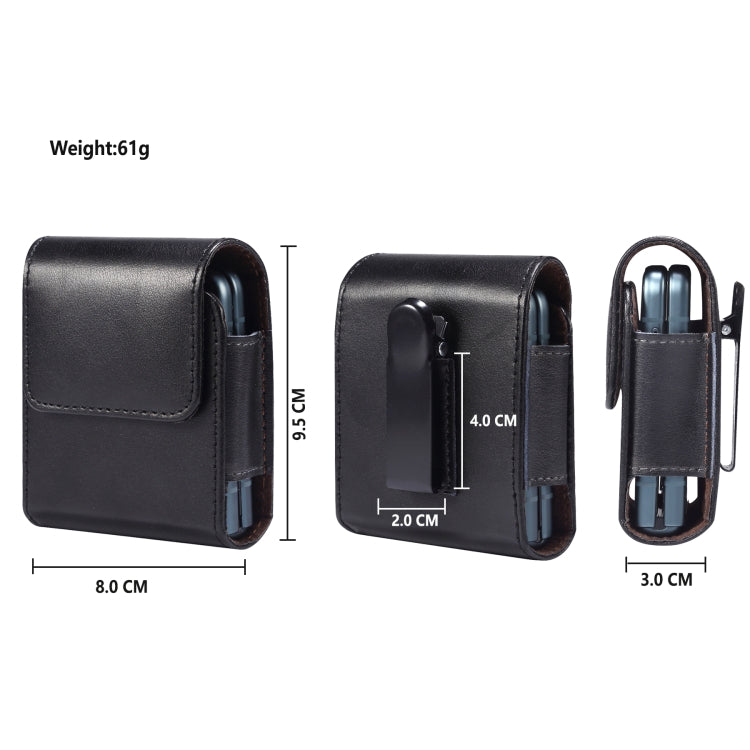 Black genuine leather waist phone case with belt clip and flap, side view