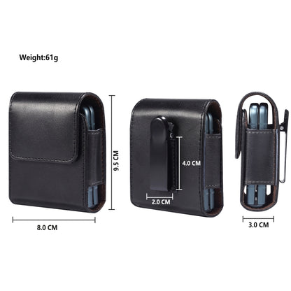 Black genuine leather waist phone case with belt clip and flap, side view