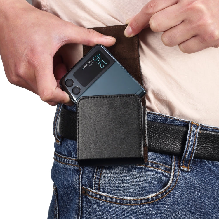 Genuine leather waist phone case clipped to belt with phone stored inside