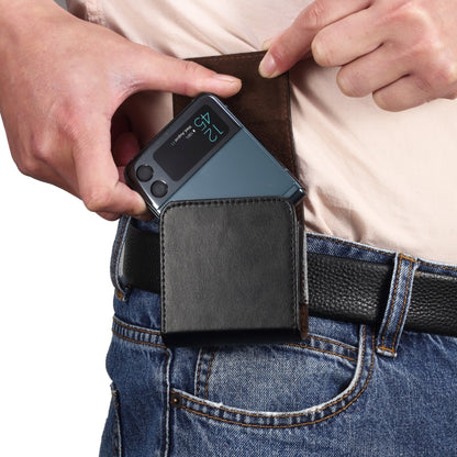 Genuine leather waist phone case clipped to belt with phone stored inside