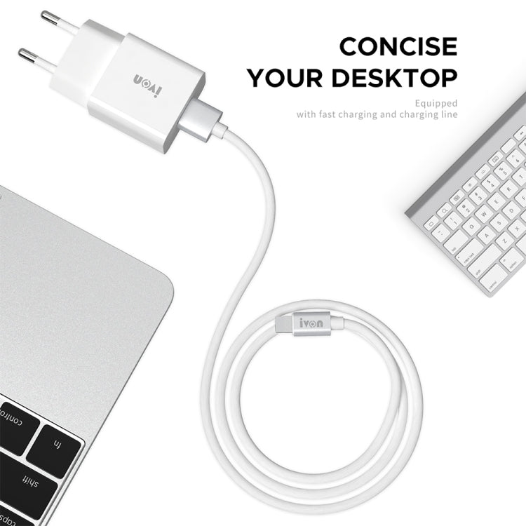 White dual-port travel USB charger with 1m cable connected for desktop charging