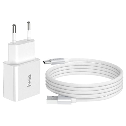 White 2-port travel USB charger with coiled USB to USB-C data cable set