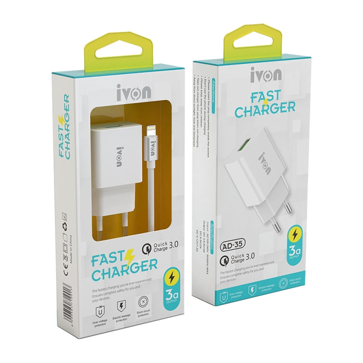 IVON AD-35 Fast Charger retail box showing 3A and Quick 3.0 details