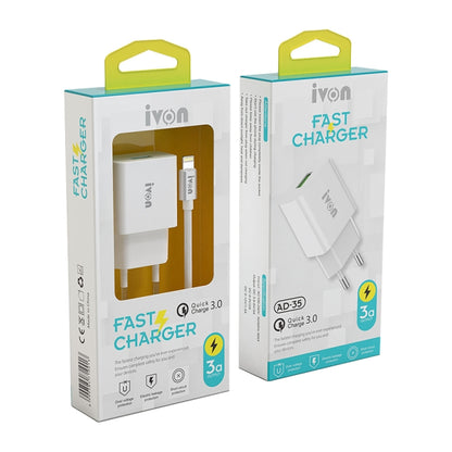 IVON AD-35 Fast Charger retail box showing 3A and Quick 3.0 details
