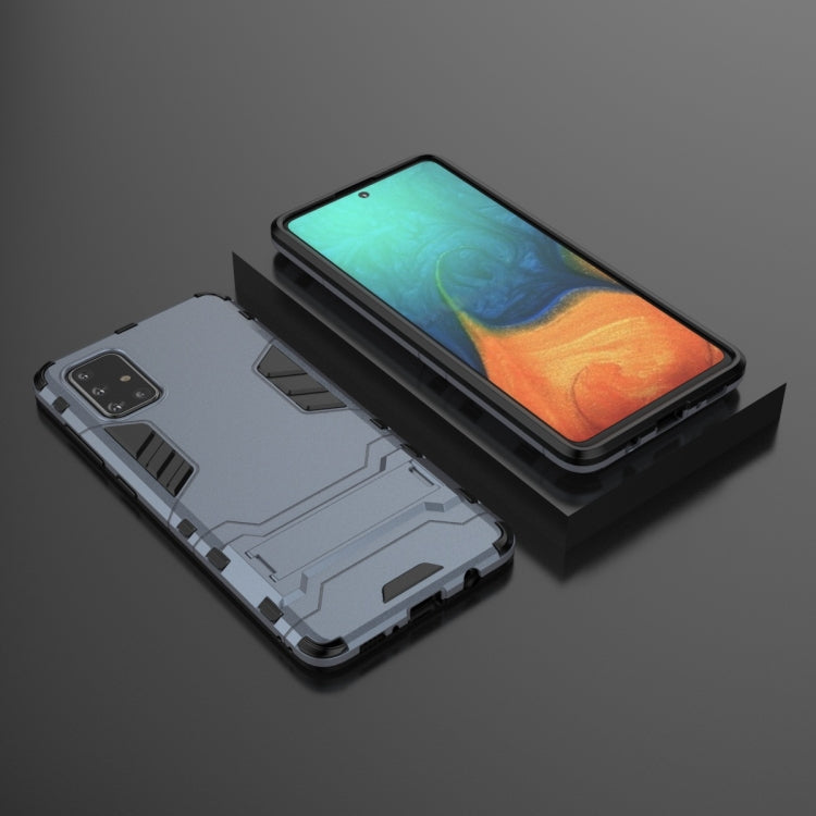Gray-blue shockproof phone case with invisible holder stand and textured TPU grip