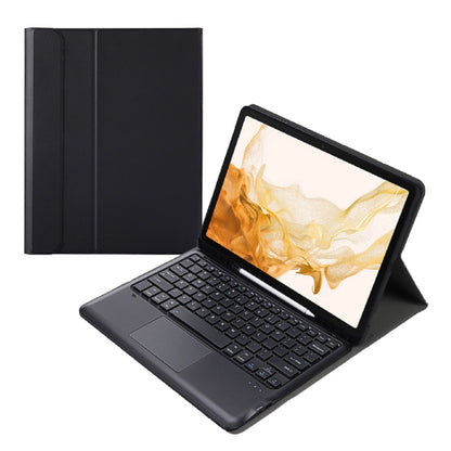 Black split Bluetooth keyboard case with stand, tablet screen, and built-in trackpad