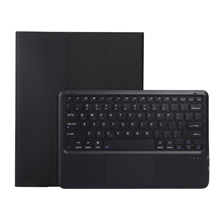 Black Bluetooth keyboard case with keyboard and touchpad, shown open with back cover