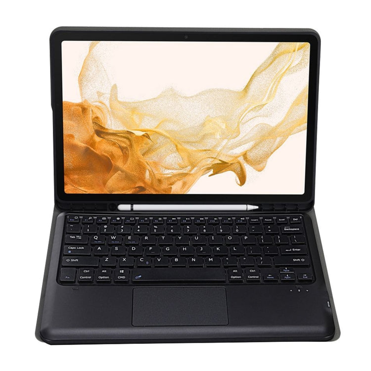 Black Bluetooth keyboard case with trackpad and keyboard, tablet screen on front