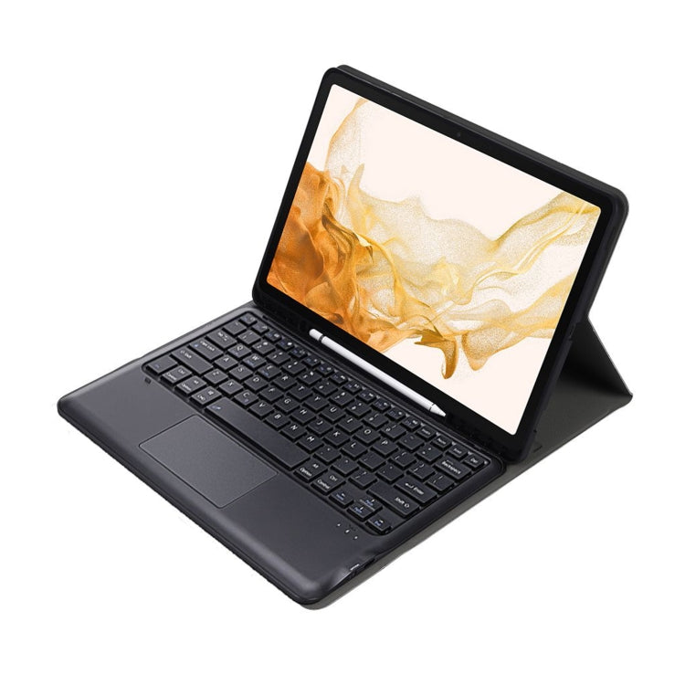 Black Bluetooth keyboard case with tablet display and keyboard, angled stand view