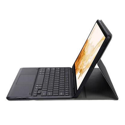Black Bluetooth keyboard case with angled stand and tablet screen, keyboard visible
