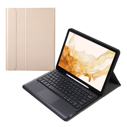 Beige Bluetooth keyboard case with stand, tablet screen, and black keyboard