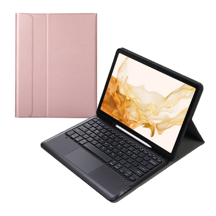 Pink Bluetooth keyboard case with stand, tablet screen, and black keyboard