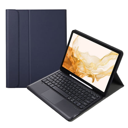 Dark blue Bluetooth keyboard case with stand, tablet screen, and black keyboard