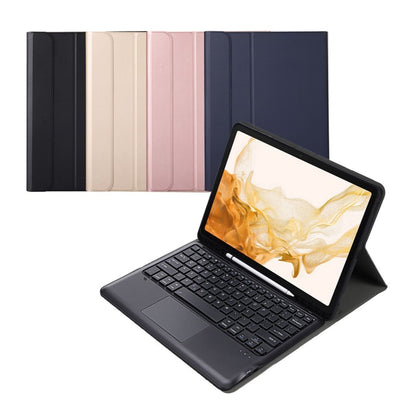 Bluetooth keyboard cases in multiple colors with stand and tablet display, keyboard visible