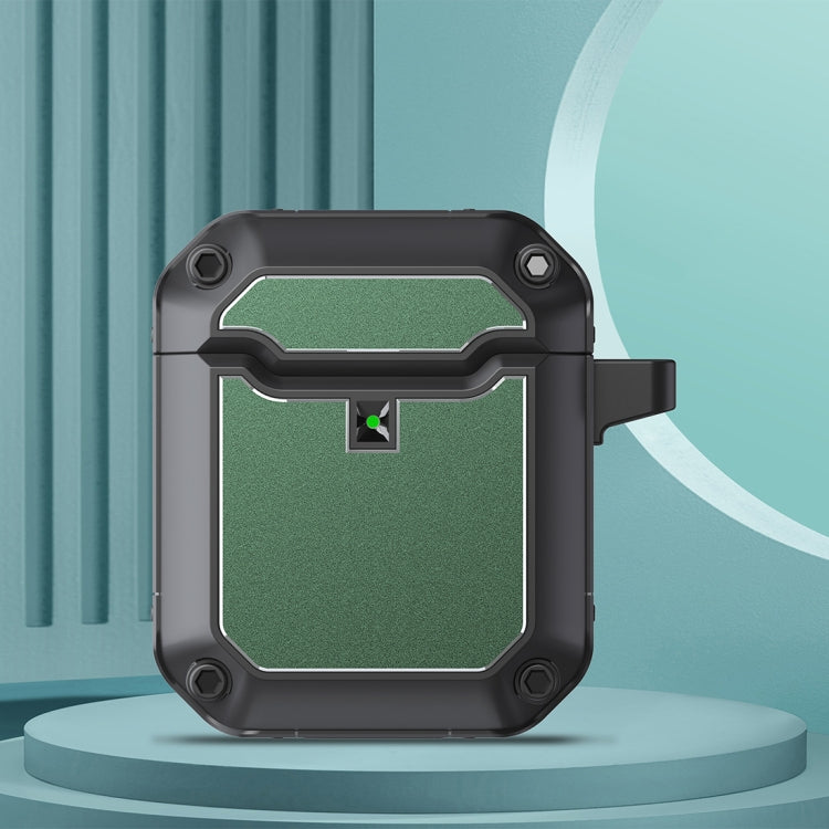 Black earphone protective case with hook, front panel in dark green