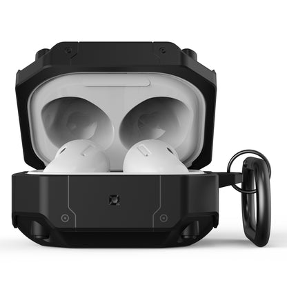 Mecha earphone protective case with hook, open black case holding white earbuds