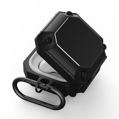 Mecha earphone protective case with hook, black octagonal shell with open lid
