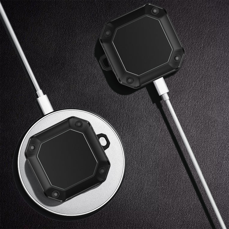 Mecha earphone protective case with hook, black octagonal shell with charging cable ports