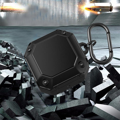 Mecha earphone protective case with hook, black octagonal hard shell with carabiner ring