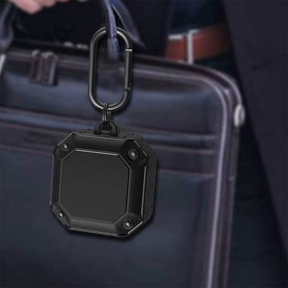Mecha earphone protective case with hook, black octagonal case hanging from a carabiner